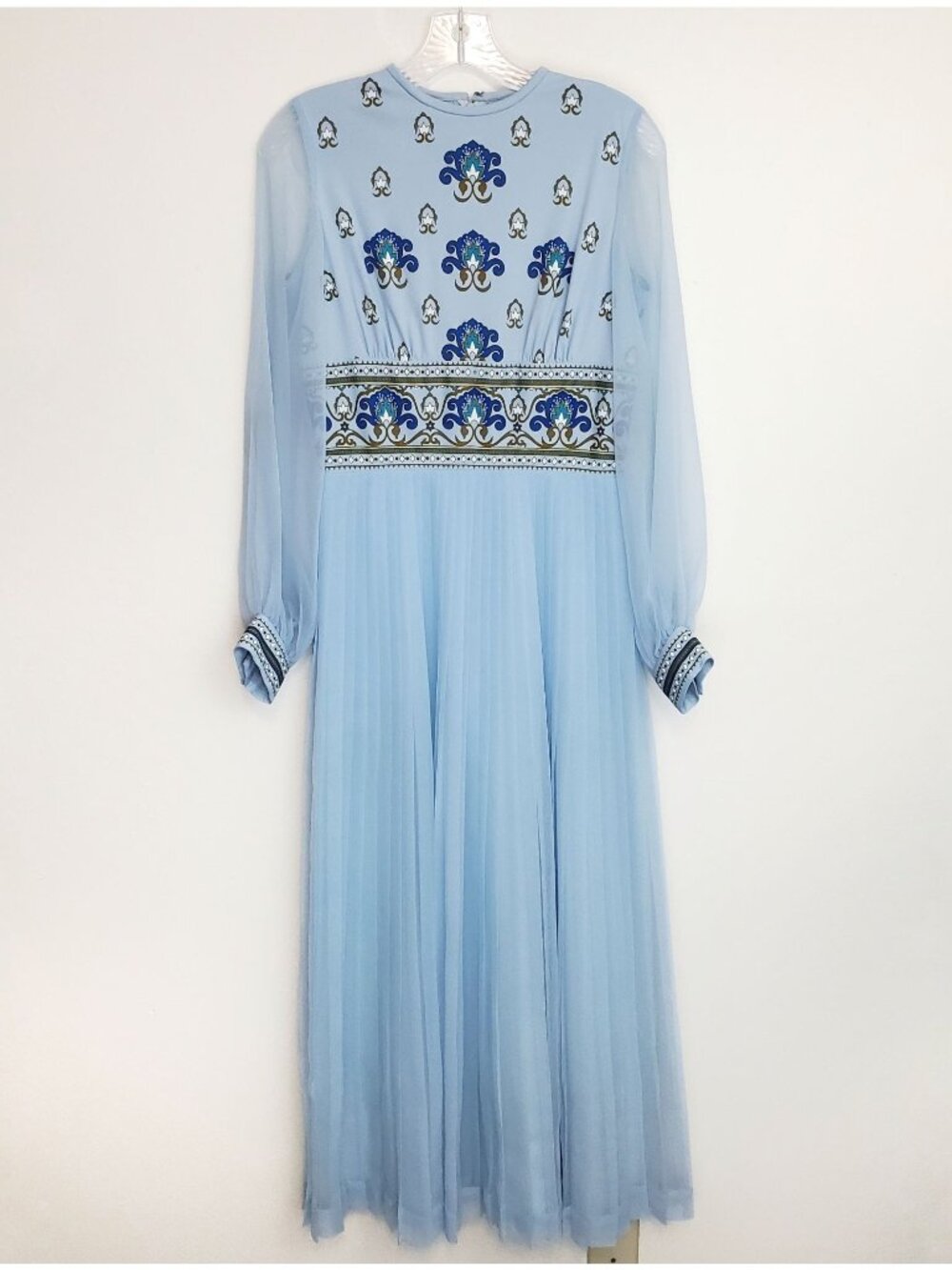 Alfred Shaheen 1970's sheer-sleeved pleated skirt maxi dress